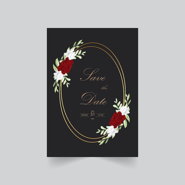 Plantilla de invitación de boda floral con hermosa decoración de flores y hojas