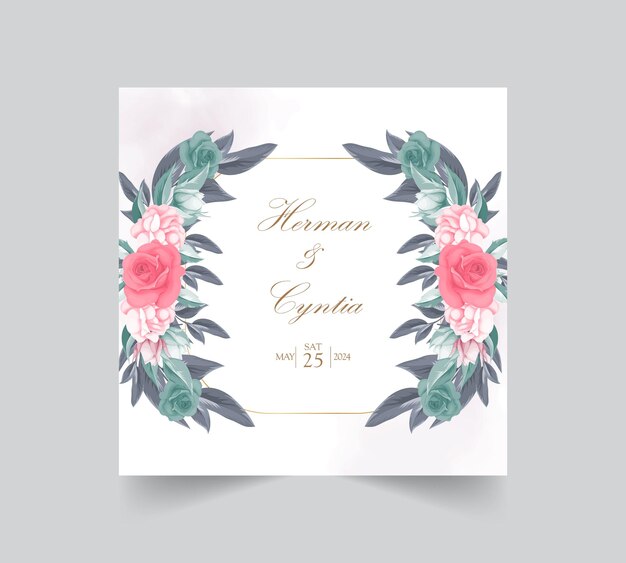 Plantilla de invitación de boda floral con hermosas flores y decoración de hojas