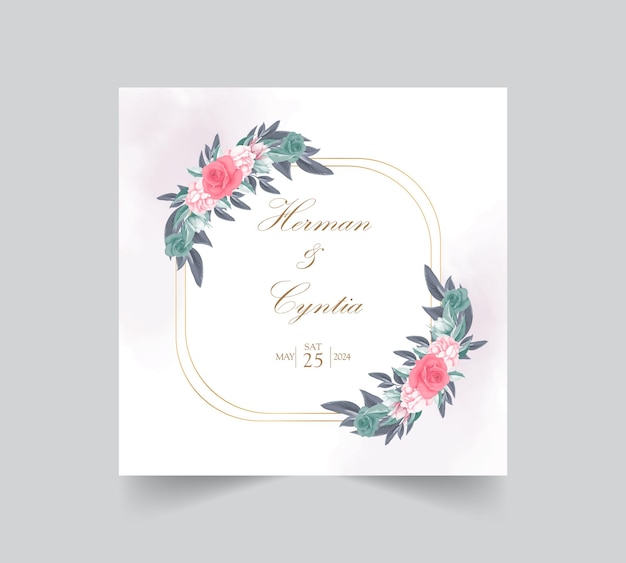 Plantilla de invitación de boda floral con hermosas flores y decoración de hojas