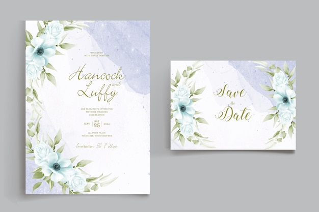 Plantilla de invitación de boda floral con hermosas flores y decoración de hojas