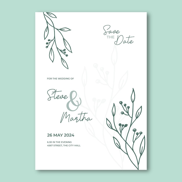Plantilla de invitación de boda floral con hojas orgánicas dibujadas a mano y decoración floral