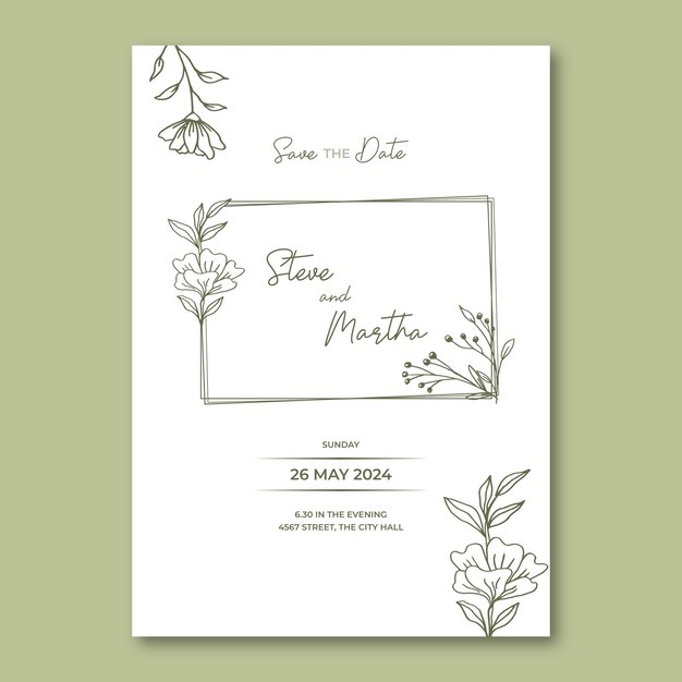 Plantilla de invitación de boda floral con hojas orgánicas dibujadas a mano y decoración floral