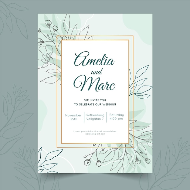 Plantilla de invitación de boda floral plana orgánica