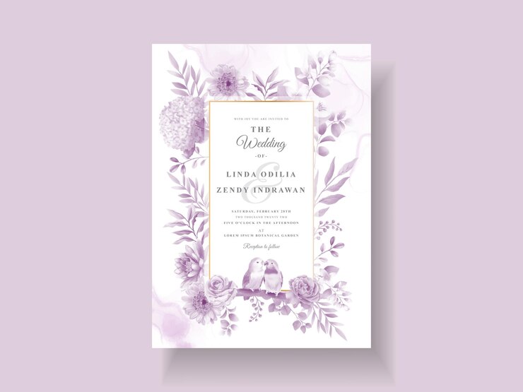 plantilla de invitación de boda floral púrpura