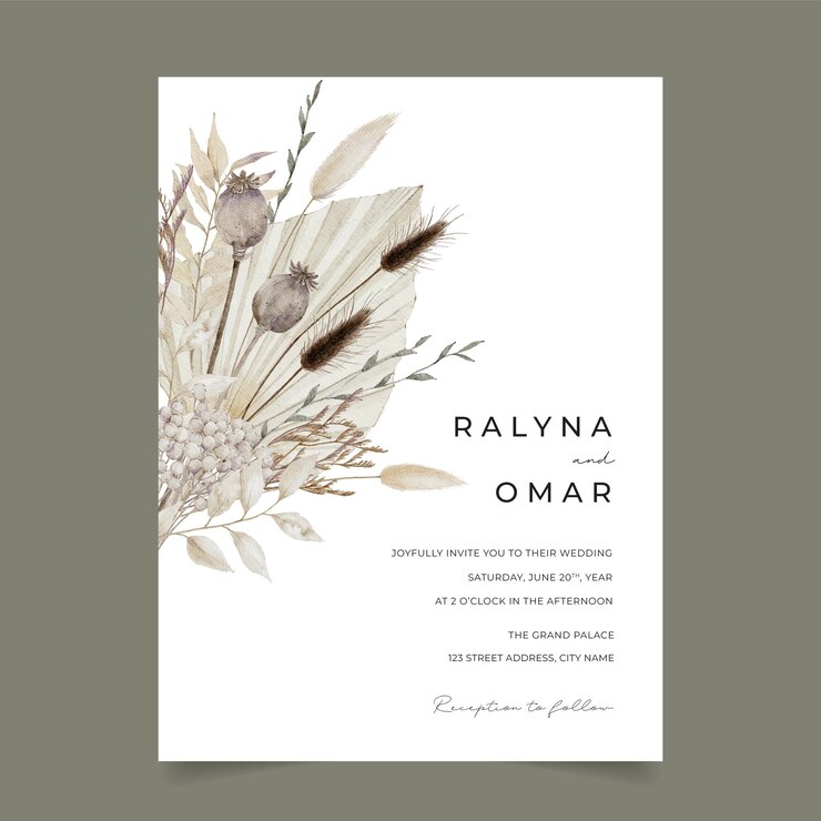 Vector plantilla de invitación de boda floral seca en acuarela con pampas de lanza de palma secas y vainas de amapola