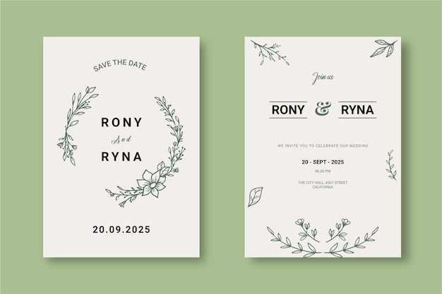 Plantilla de invitación de boda floral simple con decoración orgánica de hojas y flores dibujadas a mano