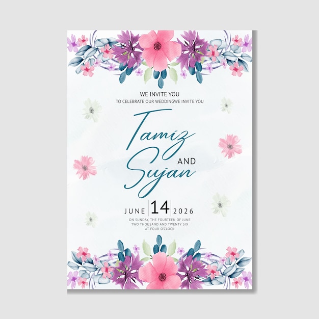 Plantilla de invitación de boda con flores acuarela dibujada a mano