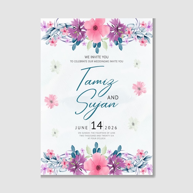 Vector plantilla de invitación de boda con flores acuarela dibujada a mano