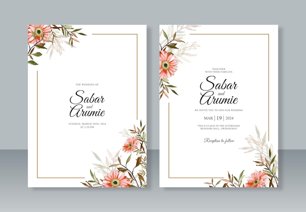 Plantilla de invitación de boda con flores de acuarela