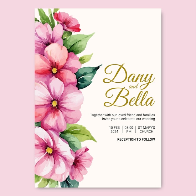 plantilla de invitación de boda con flores en acuarela