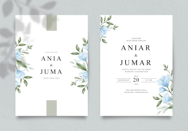 Plantilla de invitación de boda con flores azules y hojas verdes