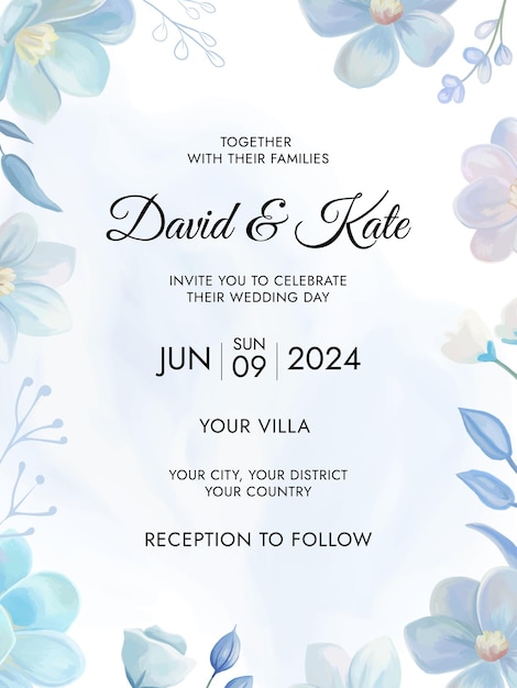 Plantilla de invitación de boda con flores azules
