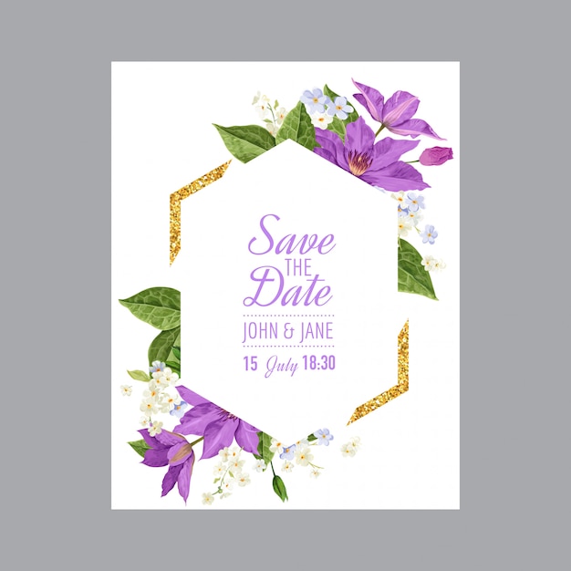 Plantilla de invitación de boda con flores clematis