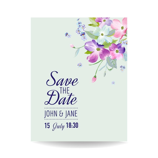 Plantilla de invitación de boda con flores de cornejo de primavera