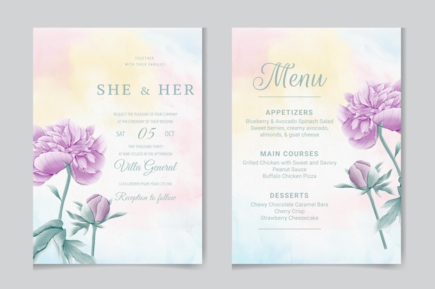 Plantilla de invitación de boda con flores y hojas de acuarela.