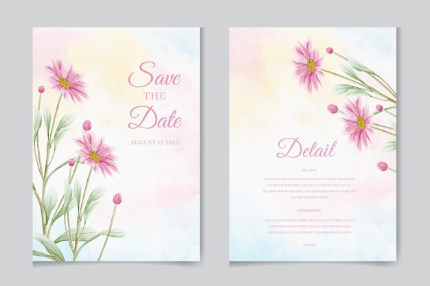 Plantilla de invitación de boda con flores y hojas de acuarela.