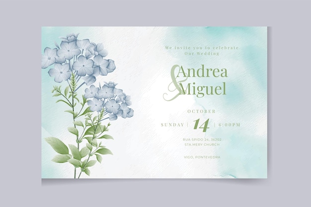 Plantilla de invitación de boda con flores y hojas de acuarela.