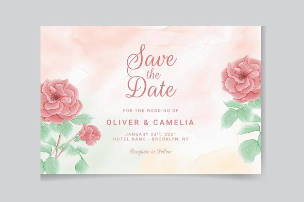 Plantilla de invitación de boda con flores y hojas de acuarela.