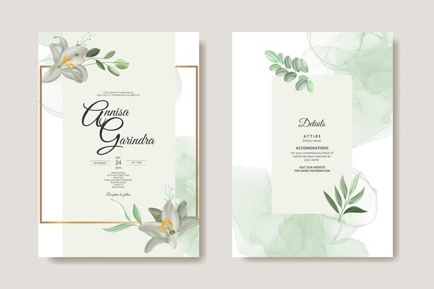 Vector plantilla de invitación de boda de flores y hojas blancas con fondo de acuarela premium vector