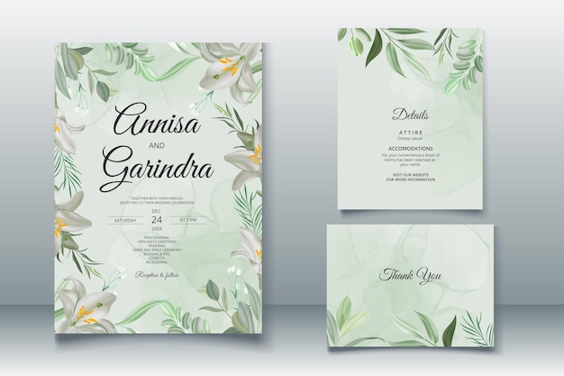 Vector plantilla de invitación de boda de flores y hojas blancas con fondo de acuarela premium vector