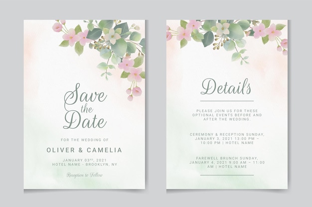 Plantilla de invitación de boda con flores y hojas de eucalipto