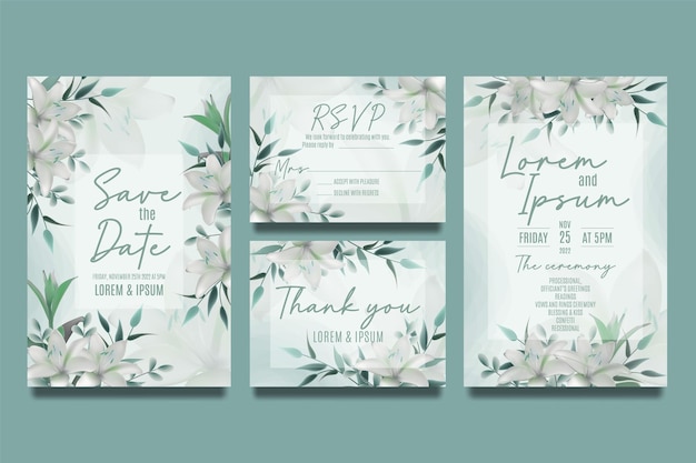 Plantilla de invitación de boda con flores y hojas de lirio
