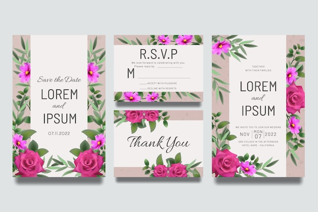 Plantilla de invitación de boda con flores y hojas de rosa rosa