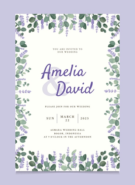 Vector plantilla de invitación de boda con flores de lavanda púrpura