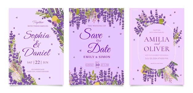 plantilla de invitación de boda con flores de lavanda