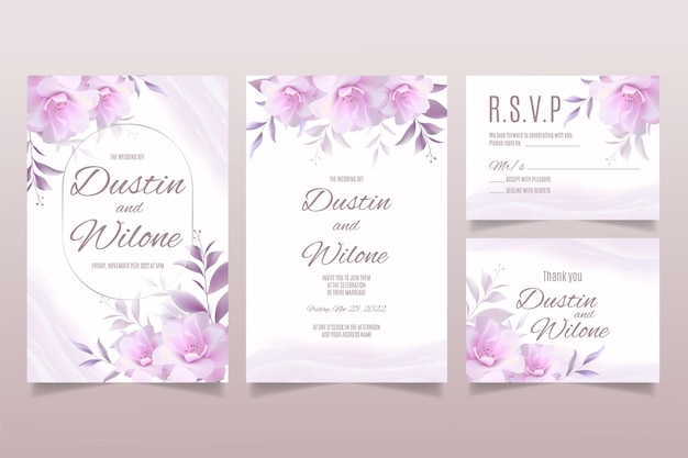 Plantilla de invitación de boda con flores moradas