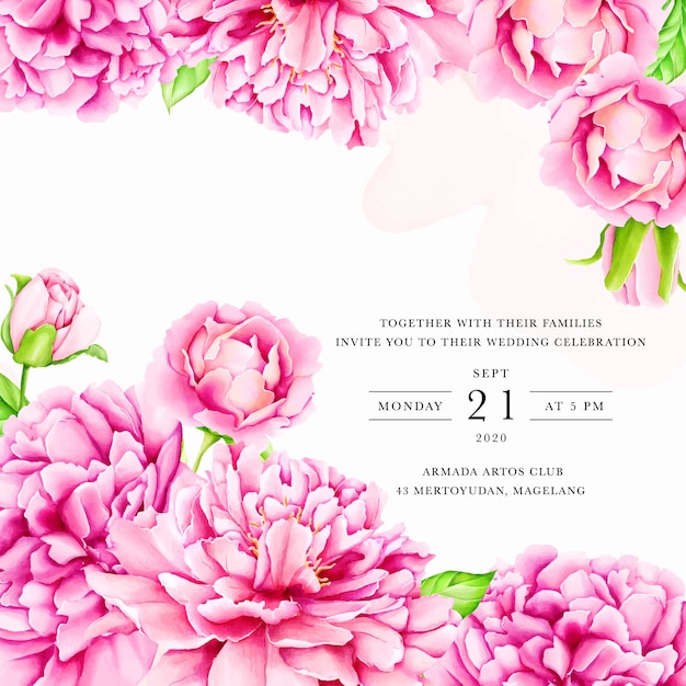 Vector plantilla de invitación de boda con flores de peonía acuarela