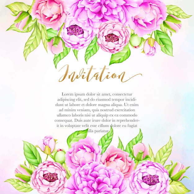 Plantilla de invitación de boda con flores de peonía acuarela