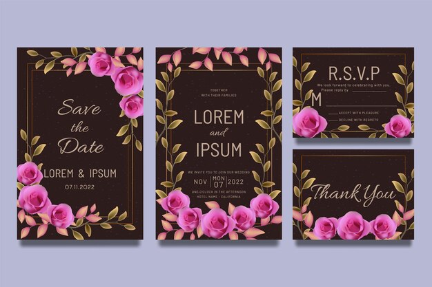 Plantilla de invitación de boda con flores rosas y hojas