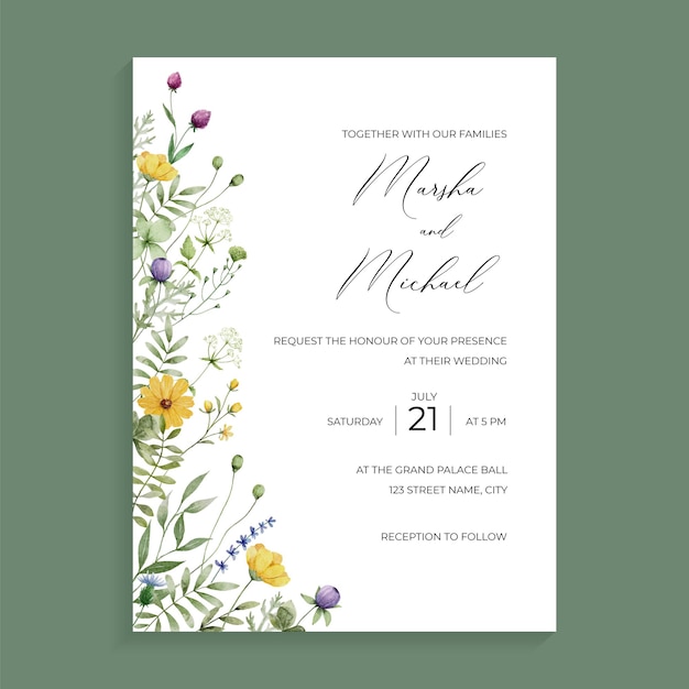 Vector plantilla de invitación de boda de flores silvestres