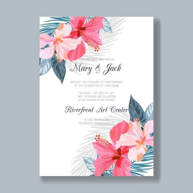 Plantilla de invitación de boda con flores tropicales y hojas