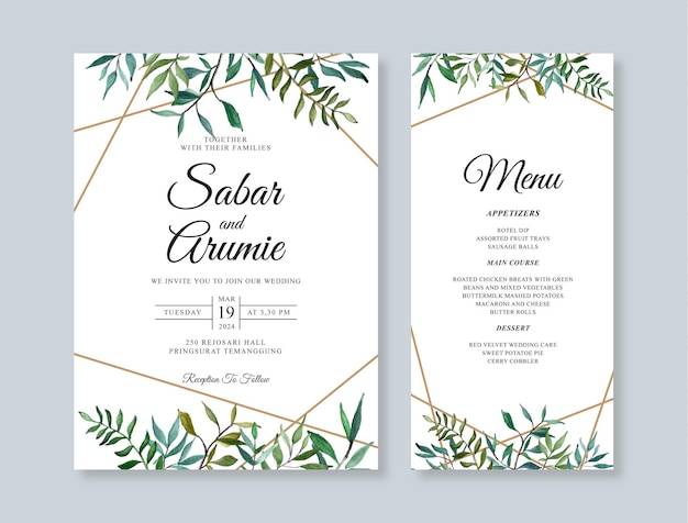 Plantilla de invitación de boda con follaje de acuarela