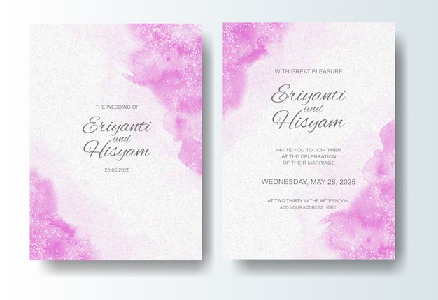 Plantilla de invitación de boda con fondo de acuarela y splash