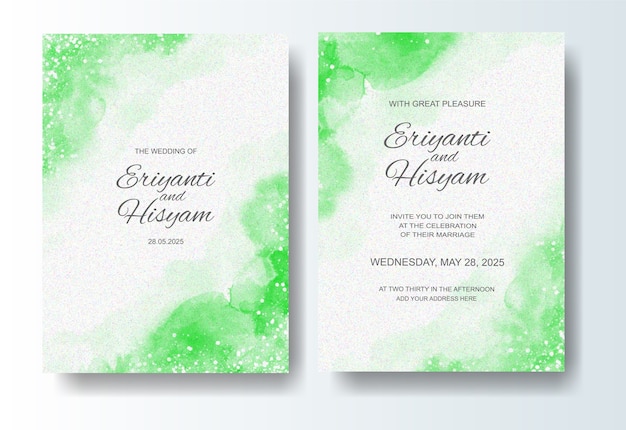 Plantilla de invitación de boda con fondo de acuarela y splash