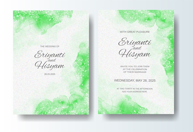 Plantilla de invitación de boda con fondo de acuarela y splash