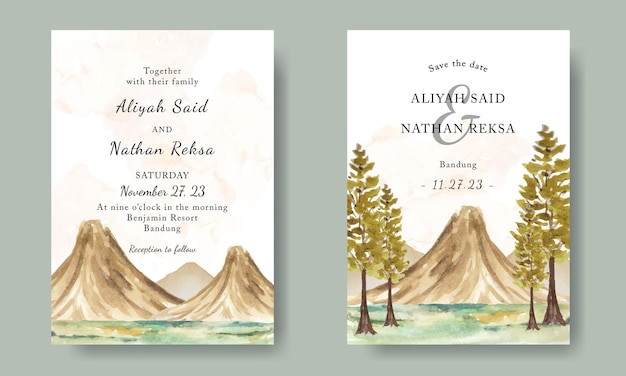 Plantilla de invitación de boda con fondo de paisaje de árboles de montaña de acuarela