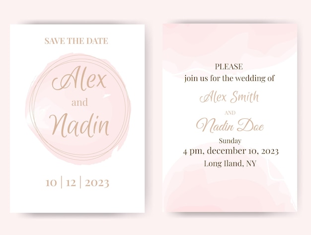 Plantilla de invitación de boda con fondo rosa acuarela