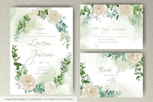 Plantilla de invitación de boda de guirnalda floral con hojas de eucalipto y salpicaduras de tinta de alcohol