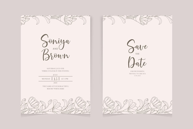 plantilla de invitación de boda con una hermosa flor de contorno
