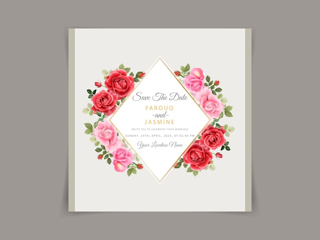 Plantilla de invitación de boda hermosa flor y hojas