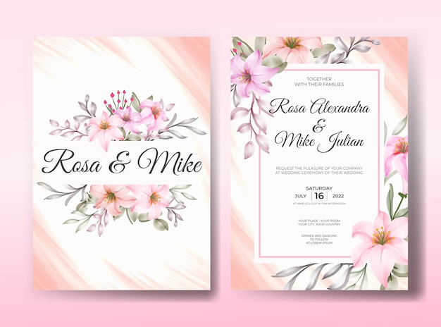Plantilla de invitación de boda hermosa flor rosa rosa