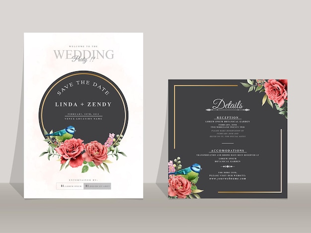 Vector plantilla de invitación de boda hermosa rosa roja