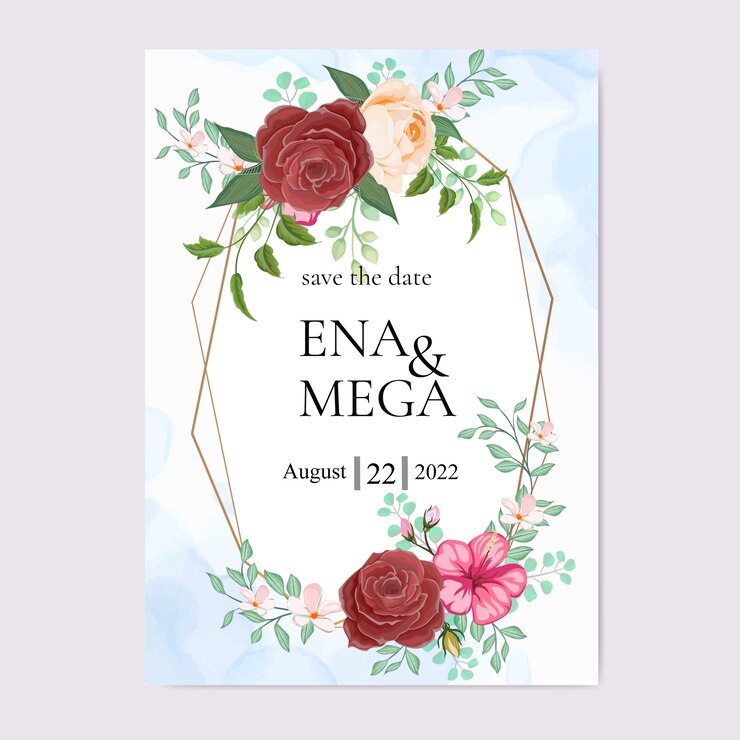 plantilla de invitación de boda con hermosas flores hojas