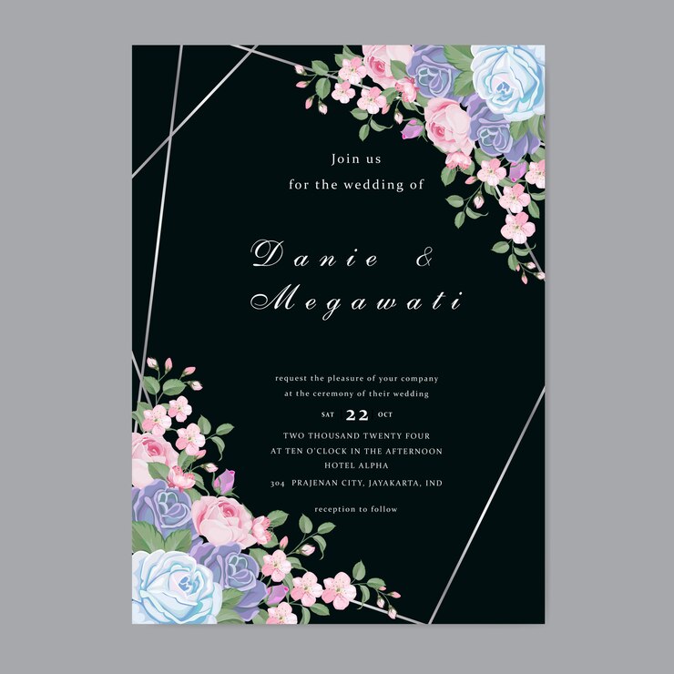 Plantilla de invitación de boda con hermosas flores