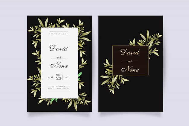 Plantilla de invitación de boda con hermosas hojas de acuarela