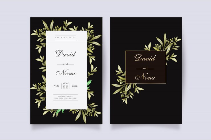 plantilla de invitación de boda con hermosas hojas de acuarela